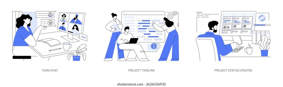 Ferramentas de gerenciamento de projetos conjunto de ilustrações isoladas de desenhos animados vetoriais. Diversos colegas conversando via bate-papo por vídeo, gerenciar linha do tempo on-line, obter atualização de status, colaboração software vetor cartoon.