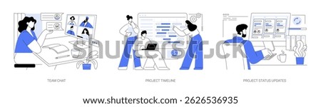 Project management tools isolated cartoon vector illustrations set. Diverse colleagues talking via video chat, manage timeline online, get status update, collaboration software vector cartoon.