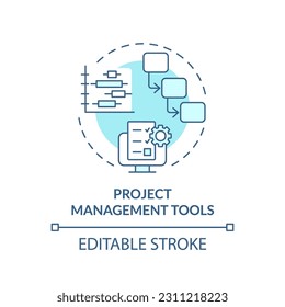 Icono de concepto turquesa de herramientas de administración de proyectos. Colaboración en equipo. Mejorar la comunicación. Ilustración de línea delgada de idea abstracta de planificación de tareas. Dibujo de contorno aislado. Trazo editable