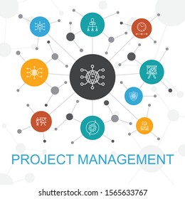 Project management trendy web concept with icons. Contains such icons as Project presentation, Meeting, workflow, Risk management