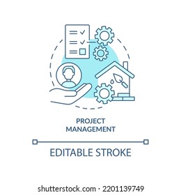 Project management turquoise concept icon. Construction work. Real estate development abstract idea thin line illustration. Isolated outline drawing. Editable stroke. Arial, Myriad Pro-Bold fonts used
