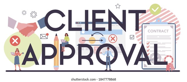 Project management typographic header. Client approval. Marketing analysis and development. Corporate document. Agreement checking. Data protection. Vector illustration in cartoon style