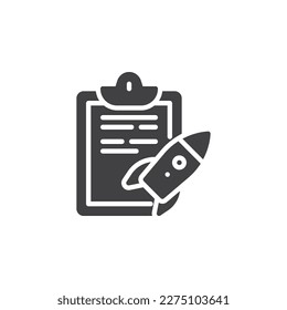 Project management vector icon. Document and rocket filled flat sign for mobile concept and web design. Business startup glyph icon. Symbol, logo illustration. Vector graphics