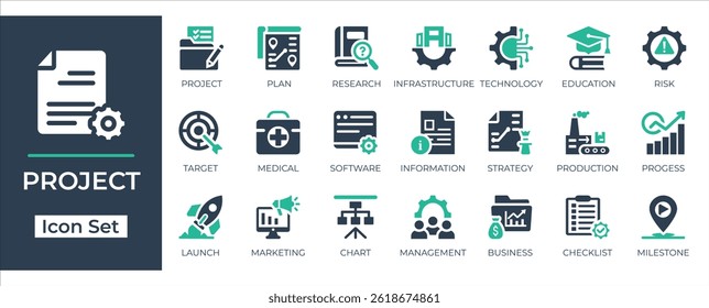 
Project management vector icons for business plan, strategy, risk, and workflow. Ideal for planning and reports.

