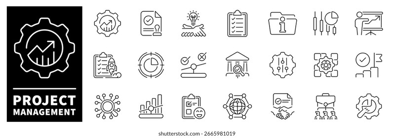 Project management vector icons in line style. Project management related icons. Outline management icons set
