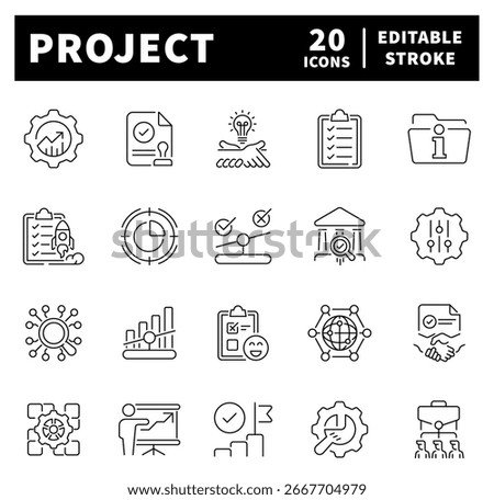 Project management vector icons in line style. Project management related icons. Outline management icons set