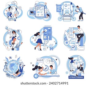 Project management vector illustration. Analyzing data is key element in professional world project management Improvement strategies should be implemented for successful project outcomes