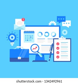 Project management. Vector illustration. Business administration, manage project concepts. Flat design. Computer with calendar, data, infographic on screen, checklist, cog, briefcase, light bulb, etc.