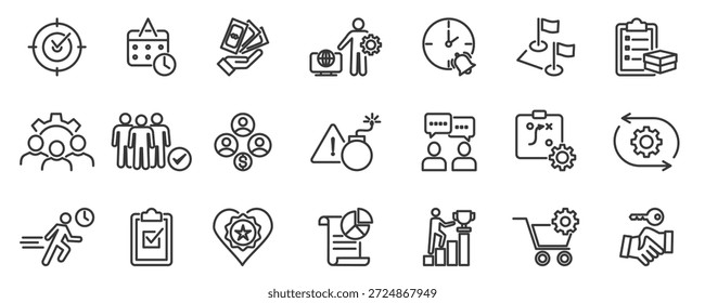 Concepto de Ilustración vectorial de gestión de proyectos con icono de recursos humanos, riesgo, ámbito, coste, comunicación, tiempo, adquisiciones y gestión de proyectos