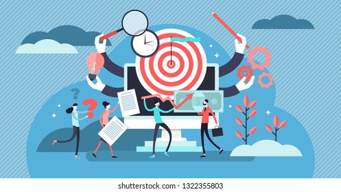 Project management vector illustration. Flat tiny teamwork person concept. Working plan strategy leadership for success development and progress. Finance, communication, investment analysis collection