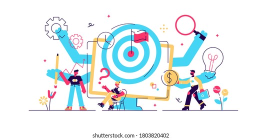 Project management vector illustration. Flat tiny teamwork person concept. Working plan strategy leadership for success development and progress. Finance, communication, investment analysis collection