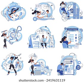 Ilustración vectorial de administración de proyectos. El desarrollo y el análisis estratégicos son fundamentales para una gestión exitosa de proyectos Las ideas generadas a través de la lluvia de ideas contribuyen a un proyecto innovador