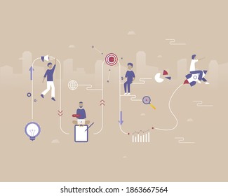 Project Management. Vector illustration with Web communication idea for telework, remote working, social media, business, finance, investment and start up
