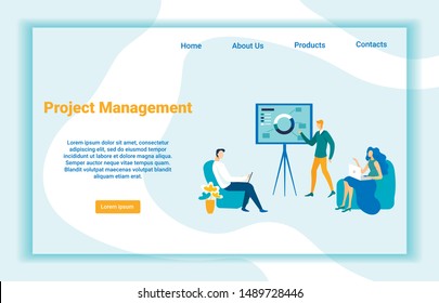 Project Management Vector Landing Page Template. Cartoon Analyst Making Presentation, Report for Businessmen, Investors, Partners. Consulting Agency, Company Promotional Webpage Design Layout
