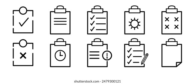 Icono de línea de Vector de gestión de proyectos, Portapapeles, lista de verificación, informe o Acuerdo editable trazo contorno iconos conjunto aislado en fondo blanco Ilustración vectorial plana. 