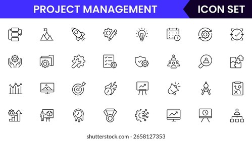 Iconos de línea de Vector de gestión de proyectos con líneas de tiempo, tareas, Equipos, objetivos, hitos, informes, colaboración, recursos, planificación y Elementos de seguimiento de progreso.