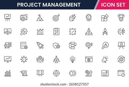 Iconos de línea de Vector de gestión de proyectos con líneas de tiempo, tareas, Equipos, objetivos, hitos, informes, colaboración, recursos, planificación y Elementos de seguimiento de progreso.