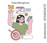 Project Management visualization. Organized female project manager with tools for planning and tracking: calendar, tasks, messaging, and target achievement. Flat vector illustration.