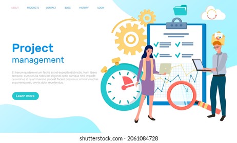 Concepto de banner web de gestión de proyectos. Idea de plan de negocios y estrategia. Análisis y desarrollo de marketing, comunicación comercial, flujo de trabajo y consultoría, colegas trabajando juntos como equipo