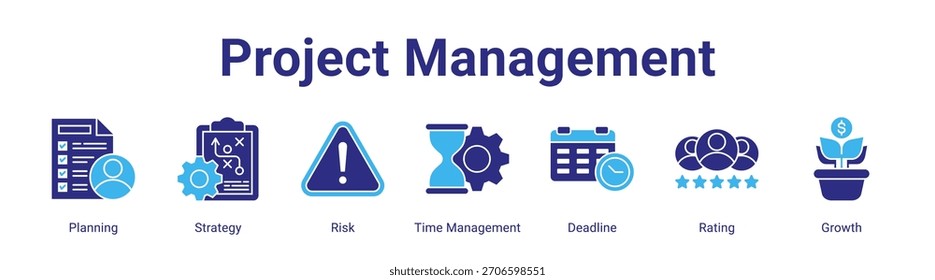 Project Management web banner icon vector illustration concept featuring Planning,Strategy,Risk,Time Management,Deadline,Rating and Growth in a collection set.