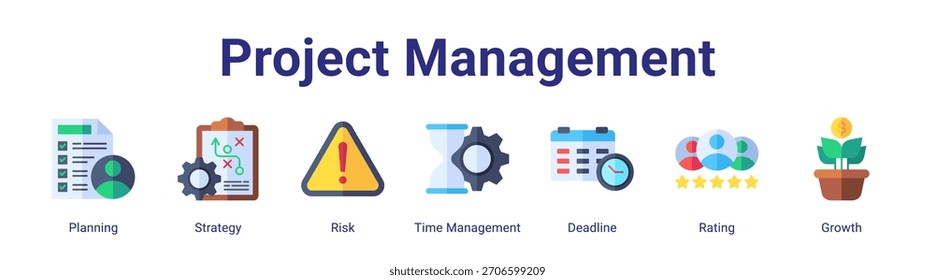 Project Management web banner icon vector illustration concept featuring Planning,Strategy,Risk,Time Management,Deadline,Rating and Growth in a collection set.