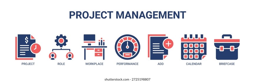 Ícone de banner da Web para gerenciamento de projetos Conceito de ilustração vetorial para negócios com ícone de projeto, função, local de trabalho, desempenho, adição, calendário e pasta.