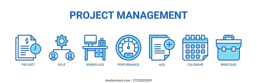 Concepto de Ilustración vectorial de icono de Anuncio de Web de gestión de proyectos para empresas con icono de proyecto, función, lugar de trabajo, rendimiento, agregar, calendario y maletín.