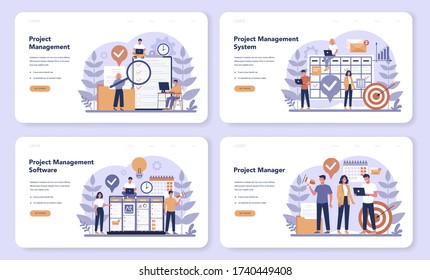 Project management web banner or landing page set. Successful strategy, motivation and leadership. Marketing analysis and development. Vector illustration in cartoon style