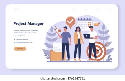 Banner web de gestión de proyectos o página de inicio . Estrategia, motivación y liderazgo exitosos. Análisis y desarrollo de marketing. Ilustración vectorial en estilo de caricatura