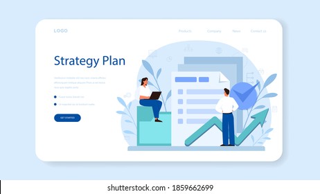 Project management web banner or landing page. Successful strategy, motivation and leadership. Marketing analysis and development. Vector illustration in cartoon style