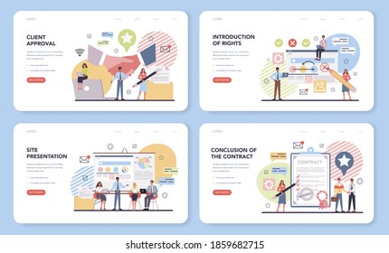Banner web de administración de proyectos o conjunto de páginas de inicio. Celebración del contrato, introducción de derechos, presentación del sitio, aprobación del cliente. Ilustración vectorial en estilo de caricatura