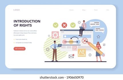 Project management web banner or landing page. Introduction of rights. Consumer protection law document. Marketing analysis and development. Vector illustration in cartoon style