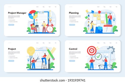 Project management web banner or landing page set. Successful strategy planning, motivation and leadership. Marketing analysis and development. Vector illustration in cartoon style