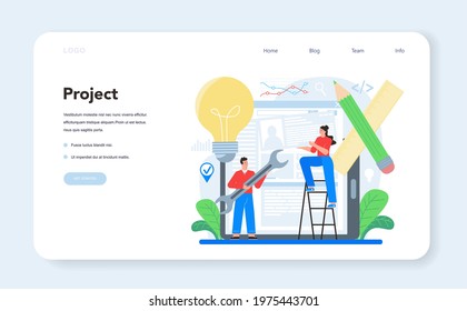 Project management web banner or landing page. Successful strategy planning, motivation and leadership. Marketing analysis and development. Vector illustration in cartoon style