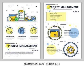 Project management web banner, poster, flyer, leaflet, brochure template. Vector modern thin line art flat style design illustration.