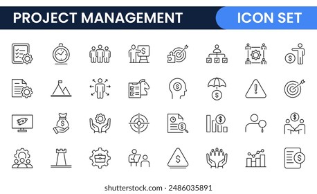 "Project Management web icons in line style. Outline icon collection related to Schedule, human resource, management, development, planning, and more.
"