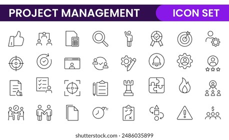 "Iconos web de gestión de proyectos en estilo de línea. Icono de esquema colección relacionada con programación, recursos humanos, administración, desarrollo, planificación y más.
"