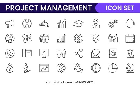"Iconos web de gestión de proyectos en estilo de línea. Icono de esquema colección relacionada con programación, recursos humanos, administración, desarrollo, planificación y más.
"