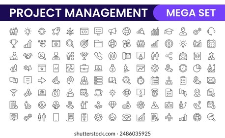 "Iconos web de gestión de proyectos en estilo de línea. Icono de esquema colección relacionada con programación, recursos humanos, administración, desarrollo, planificación y más.
"