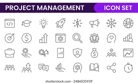 "Project Management web icons in line style. Outline icon collection related to Schedule, human resource, management, development, planning, and more.
"