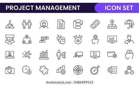 "Projektmanagement Web-Icons im Linienstil. Gliedern Sie die Kollektion des Symbols für Zeitplan, Personal, Verwaltung, Entwicklung, Planung usw. auf.
"