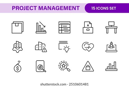 Project Management web icons in line style. Outline icon collection related to Schedule, human resource, management, development, planning, and more.
