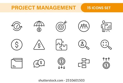 Iconos web de gestión de proyectos en estilo de línea. Esboza la colección de íconos relacionados con el horario, los recursos humanos, la gestión, el desarrollo, la planificación y más.
