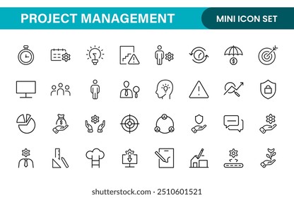 Project Management web icons in line style. Outline icon collection related to Schedule, human resource, management, development, planning, and more.
