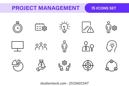 Project Management web icons in line style. Outline icon collection related to Schedule, human resource, management, development, planning, and more.
