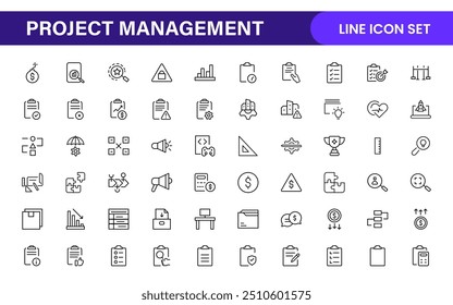 Iconos web de gestión de proyectos en estilo de línea. Esboza la colección de íconos relacionados con el horario, los recursos humanos, la gestión, el desarrollo, la planificación y más.
