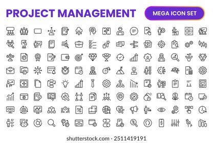 Project Management web icons in line style. Outline icon collection related to Schedule, human resource, management, development, planning, and more.
