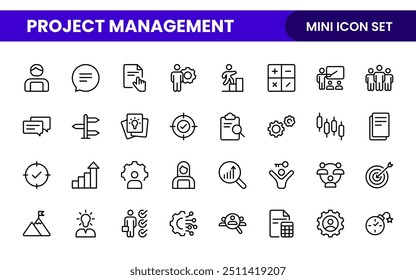 Iconos web de gestión de proyectos en estilo de línea. Esboza la colección de íconos relacionados con el horario, los recursos humanos, la gestión, el desarrollo, la planificación y más.
