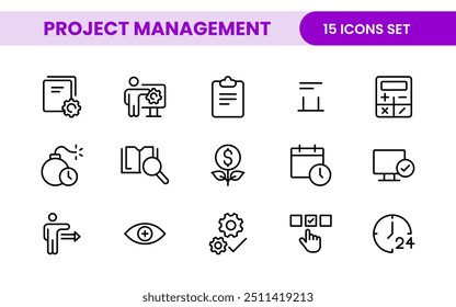 Project Management web icons in line style. Outline icon collection related to Schedule, human resource, management, development, planning, and more.
