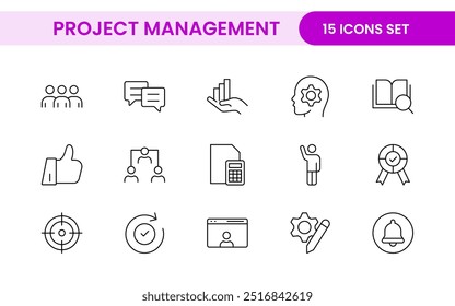 Project Management web icons in line style. Outline icon collection related to Schedule, human resource, management, development, planning, and more.